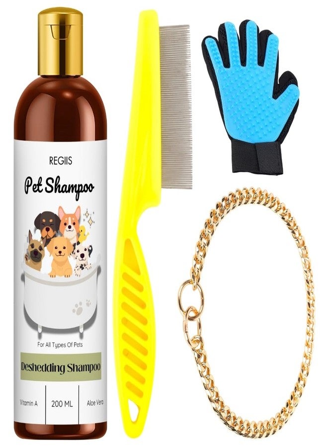 REGIIS Pet Grooming Kit, Deshedding Shampoo with Vitamin A and Aloe Vera, 200 ML, Includes Flea Comb, Grooming Glove, Training Collar for Dogs(4 Pack) - Image 1